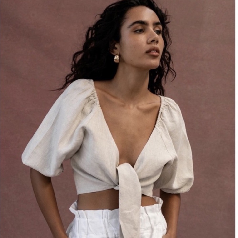 Posse Mia Linen Tie Front Crop Top Beige Natural Size M